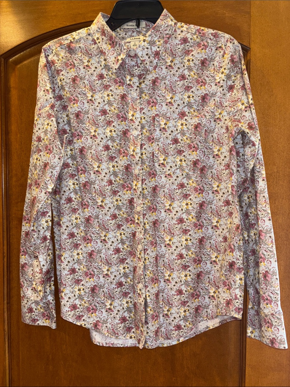 L.L. Bean Wrinkle-Free Floral Button-Down Shirt - White/Pink & Yellow Flowers